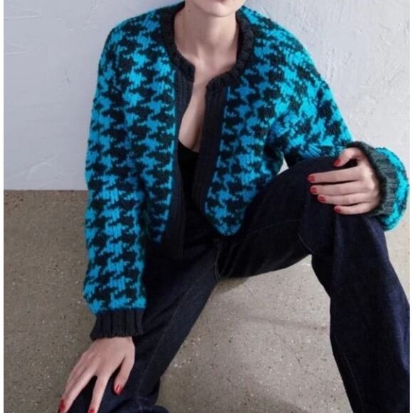 Zara Blue Houndstooth‎ Chunky Blue Black Open Cardigan Size Large Slouchy Preppy - Picture 2 of 9